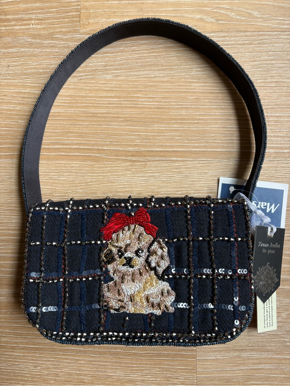 Beaded Plaid Shoulder Bag with Red Bow Dog